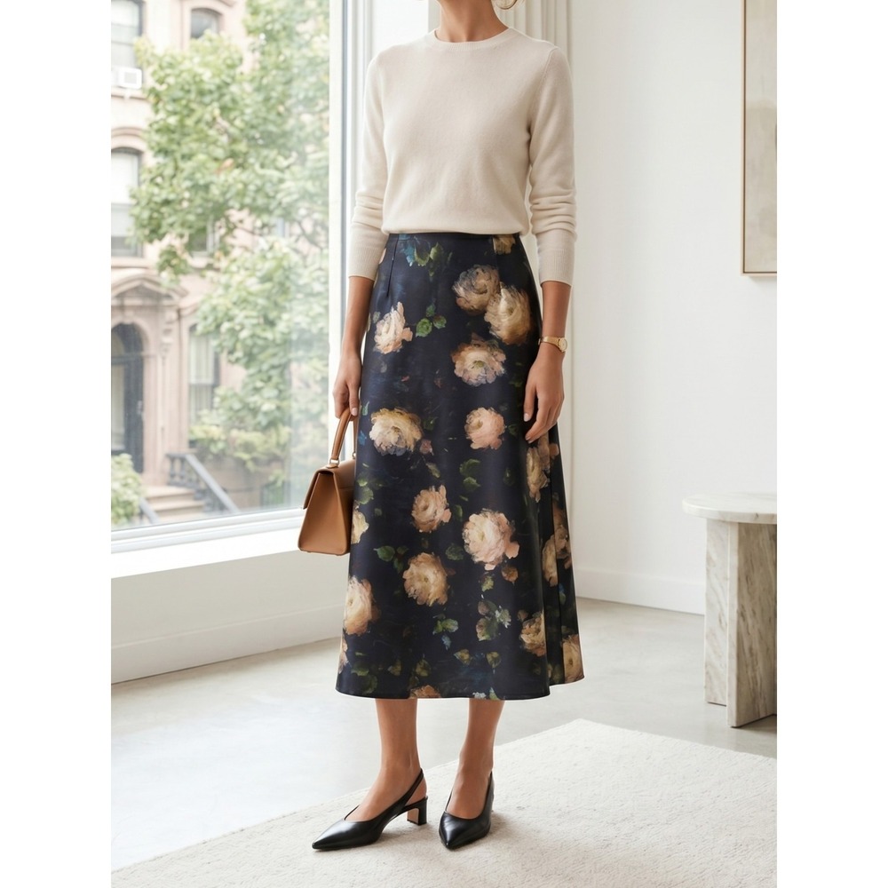 Vince‎ Painted Rose Silk Satin Slip Midi Skirt Floral Black NWT Size 2 10 $295